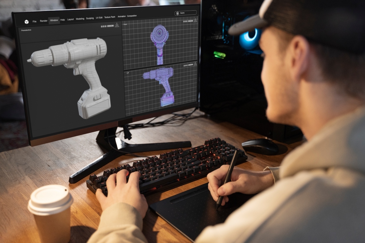 An engineer analyzing a digital 3D model on a screen captured by a 3D scanner.